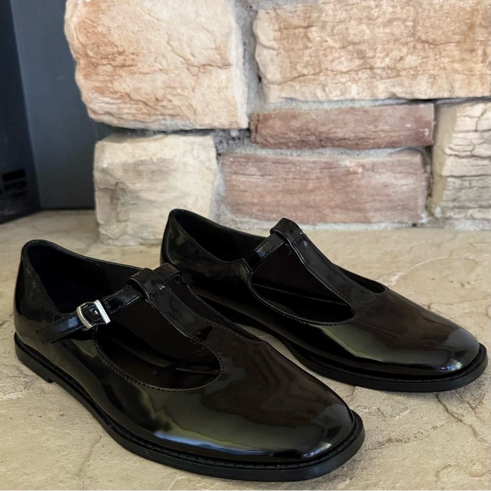 Zara Black Patent Finish Ballet Flats Mary Jane T Bar Strap Shoes Sz 36 (6-6.5)